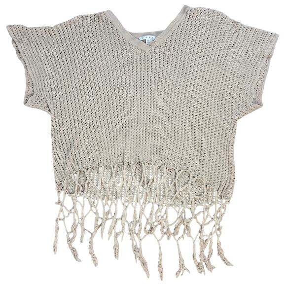 Y2K CAbi Oatmeal Tan Open Knit Fringe Boho V Neck Short Sleeve Top Size Medium - Picture 1 of 5